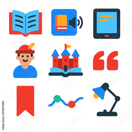 Colorful Reading Icons. Flat vector icons of reading and storytelling: open book, audiobook icon, e-reader device, storytelling