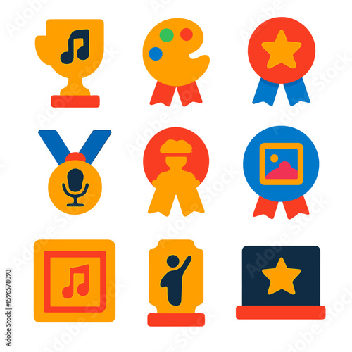 Minimalist Award Icons. Flat vector icons of minimalist performance awards: music trophy, art prize icon, best performance badge,