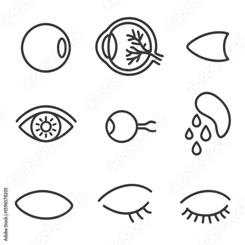 Eye Anatomy Icons. Line style icons of eye anatomy: eyeball, retina cross-section, cornea, iris and pupil, optic nerve, tear gland