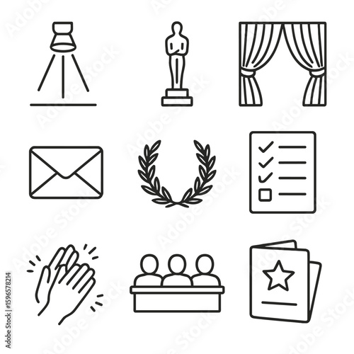 Award Icons Collection. Line style icons of award events: stage spotlight, golden statue, red curtain, laurels wreath, envelope