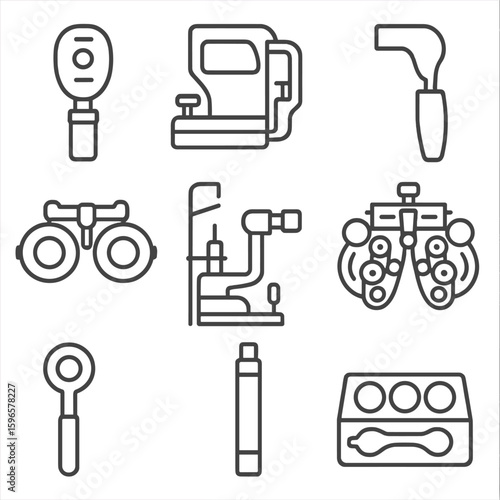 Medical Eye Tools Icons. Line style icons of medical eye tools: ophthalmoscope, autorefractor, tonometer, vision testing device,