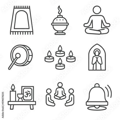 Spiritual Gathering Icons. Line style icons of spiritual gatherings: prayer mat, incense burner, meditation pose, chant drum,