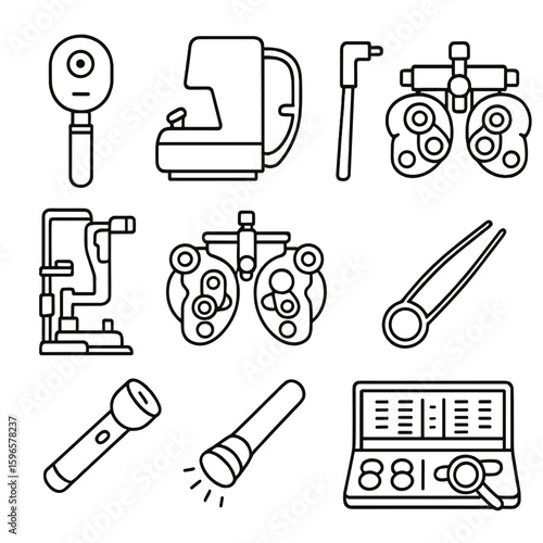 Medical Eye Tools Icons. Line style icons of medical eye tools: ophthalmoscope, autorefractor, tonometer, vision testing device,