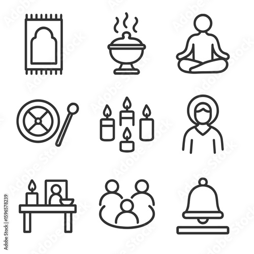 Spiritual Gathering Icons. Line style icons of spiritual gatherings: prayer mat, incense burner, meditation pose, chant drum,