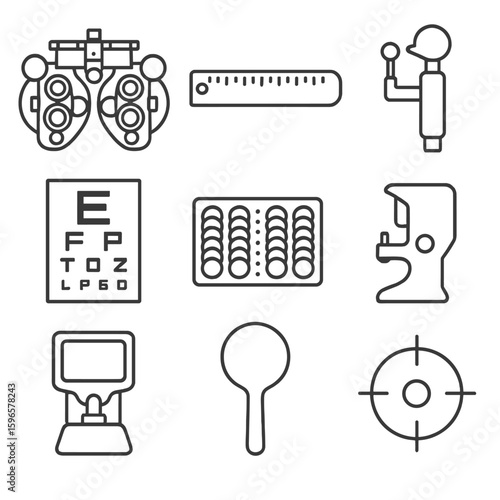 Optometry Tools Icons. Line style icons of professional optometry tools: adjustable phoropter, pupil ruler, eye pressure gauge,