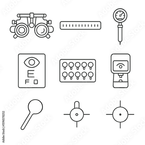 Optometry Tools Icons. Line style icons of professional optometry tools: adjustable phoropter, pupil ruler, eye pressure gauge,