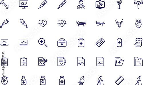 Isolated medical icons provide a compilation of healthcare services and diagnostic tools on transparent background