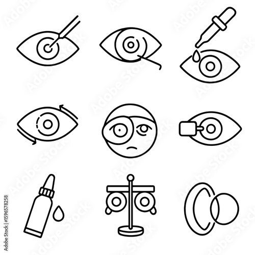Eye Treatment Icons. Line style icons of eye-focused medical treatments: laser eye correction, cataract surgery icon, eyedrop