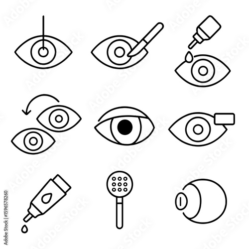 Eye Treatment Icons. Line style icons of eye-focused medical treatments: laser eye correction, cataract surgery icon, eyedrop