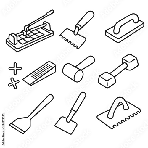 Tiling Tools Icons. Line style icons of tiling and flooring tools: tile cutter, notched trowel, rubber mallet, grout float, tile