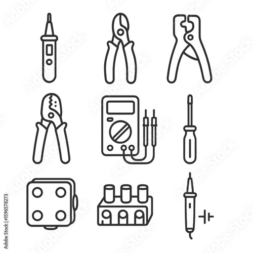 Electrical Tool Icons. Line style icons of electrical tools: voltage tester, wire cutter, cable stripper, crimping tool,