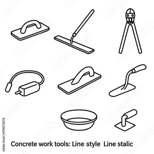 Concrete Tools Icons. Line style icons of concrete work tools: concrete float, bull float, rebar cutter, screed tool, concrete