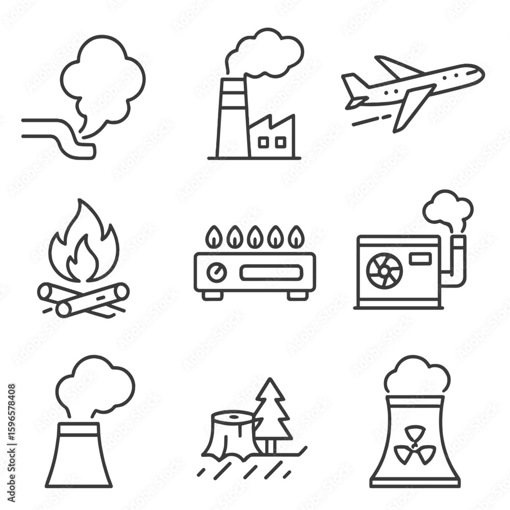 Fototapeta premium Carbon Emissions Icons. Line style icons of carbon dioxide sources: car exhaust pipe, factory smokestack, airplane trail, burning