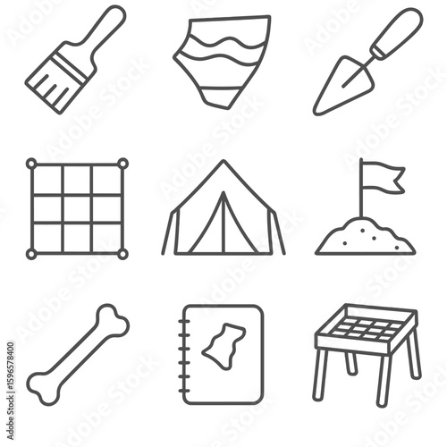 Archaeological Dig Icons. Line style icons of archaeological digs: excavation brush, ancient pottery shard, trowel tool, measuring