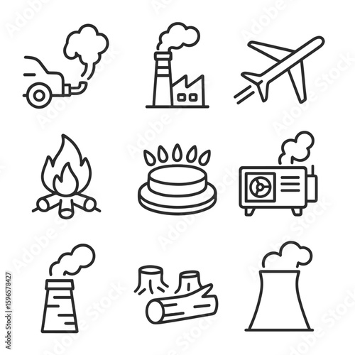 Carbon Emissions Icons. Line style icons of carbon dioxide sources: car exhaust pipe, factory smokestack, airplane trail, burning