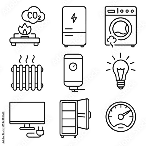 Household CO2 Icons. Line style icons of household CO2 contributors: gas stove with flame cloud, old fridge with energy icon,