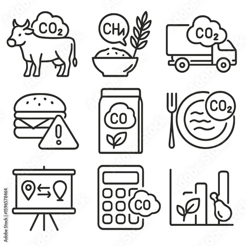 CO2 Emissions in Food. Line style icons of CO2 in food production: cattle with CO2 symbol, rice with methane bubble, food