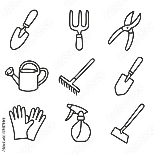 Gardening Tools Icons. Line style icons of basic gardening tools: hand trowel, garden fork, pruning shears, watering can, rake,