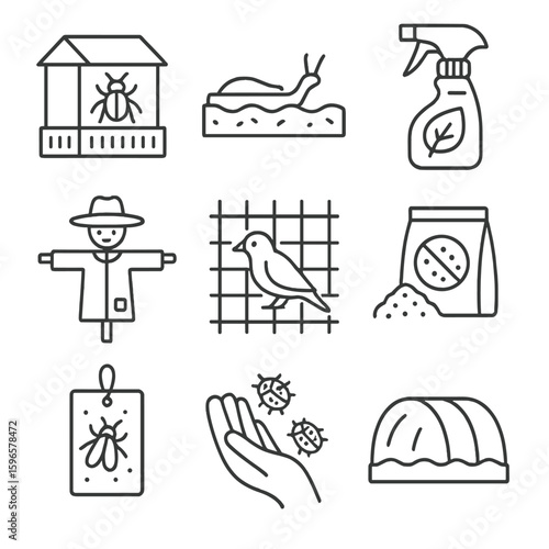 Pest Control Icons. Line style icons of pest control tools: insect trap, slug barrier, neem spray bottle, scarecrow, bird netting,