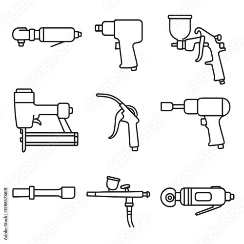Pneumatic Tools Icons. Line style icons of pneumatic tools and accessories: air ratchet wrench, air impact gun, paint spray gun,