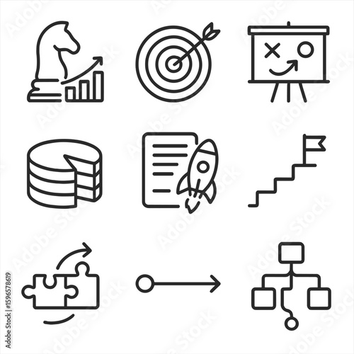 Business Strategy Icons. Line style icons of business strategy concepts: chess piece with graph, target and arrow, layered pie
