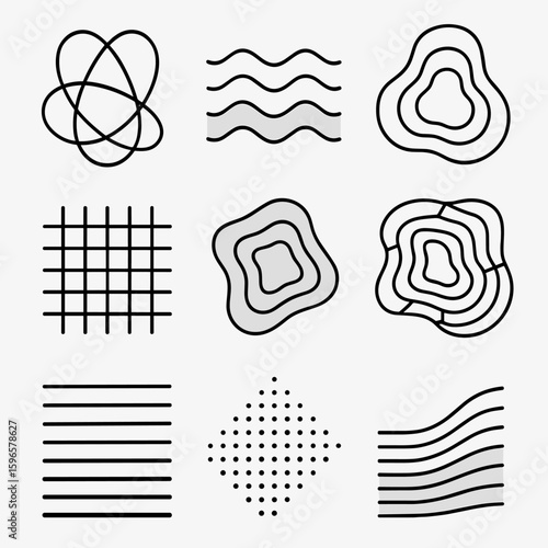 Layered Abstract Icons. Line style icons of layered abstract compositions: overlapping curves, stacked translucent waves, nested