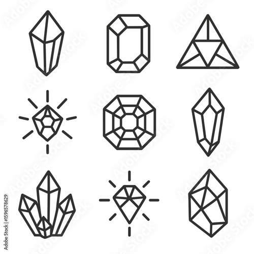 Geometric Crystal Patterns. Line style icons of crystal and gem-like abstract patterns: sharp gem structure, faceted block shape,
