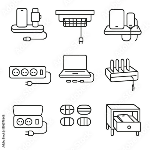 Cable Management Icons. Line style icons of desktop charging management: charging dock with cable channels, under-desk cable tray,