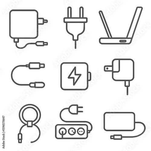 Charger Line Icons. Line style icons of laptop and device chargers: block-style laptop charger, round-pin adapter, charging port
