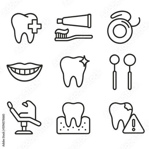 Dental Health Icons. Line style icons of dental health: tooth with cross, toothbrush and paste, dental floss icon, smiling mouth