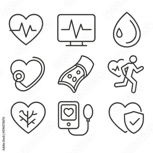 Cardiovascular Health Icons. Line style icons of cardiovascular health: beating heart icon, ECG monitor line, artery and blood