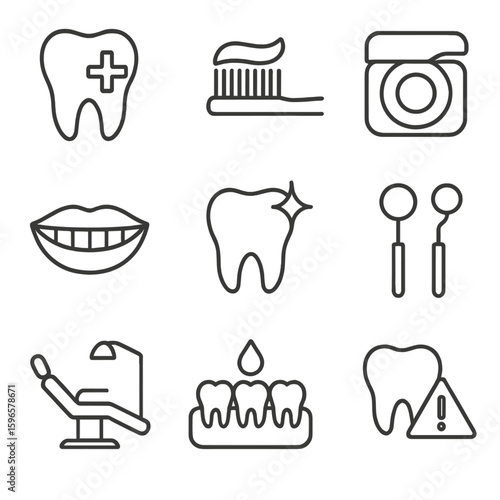 Dental Health Icons. Line style icons of dental health: tooth with cross, toothbrush and paste, dental floss icon, smiling mouth