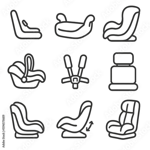 Child Seat Icons. Line style icons of child and infant seat integration: ISOFIX anchor, booster seat shape, rear-facing child seat