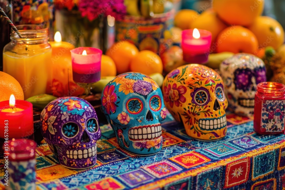 Fototapeta premium 80. Mexican Dia de los Muertos altar, colorful, skull decorations, candles, vibrant tradition