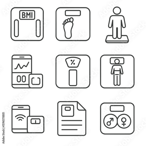 Line Style Scale Icons. Line style icons of body measurement scales: smart BMI scale, foot outline on scale, person standing on