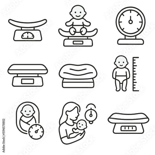 Baby Scale Icons. Line style icons of baby and infant scales: curved baby tray scale, infant with diaper on scale, baby weight
