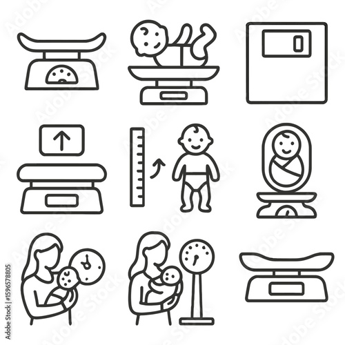 Baby Scale Icons. Line style icons of baby and infant scales: curved baby tray scale, infant with diaper on scale, baby weight