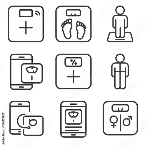 Line Style Scale Icons. Line style icons of body measurement scales: smart BMI scale, foot outline on scale, person standing on