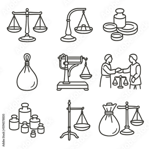Antique Scale Icons. Line style icons of antique trade and merchant scales: marketplace balance scale, old spice scale, merchant