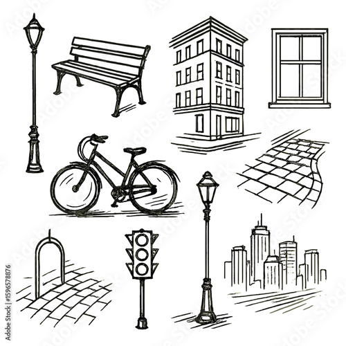 Urban Sketch Elements. Line style icons of urban sketching elements: streetlight outline, park bench sketch, building corner in