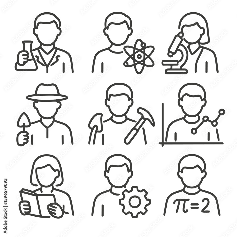 Fototapeta premium Scientific Roles Icons. Line style icons of scientific and research roles: chemist with flask, physicist with atom, biologist with
