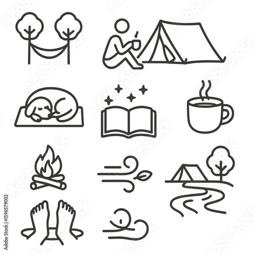 Campfire Relaxation Icons. Line style icons of relaxing at camp: hammock between trees, person with mug by tent, fire crackling