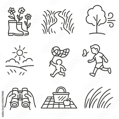 Field and Grassland Icons. Line style icons of open field and grassland activities: wildflowers with boots, trail through tall