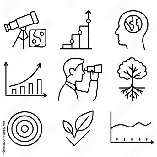 Visionary Leadership Icons. Line style icons of long-term visionary leadership: telescope with roadmap, future timeline with steps