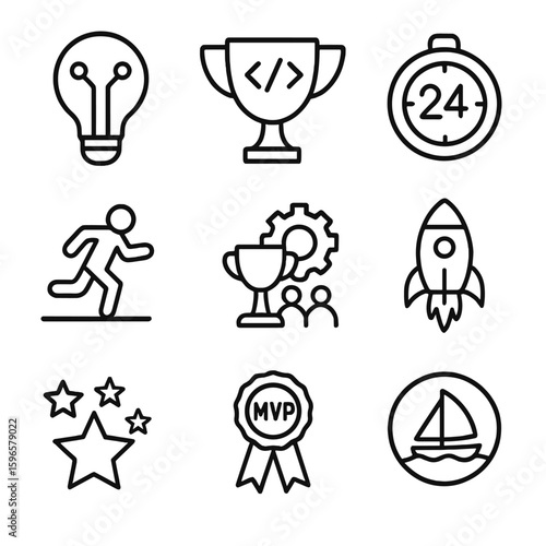 Hackathon Award Icons. Line style icons of innovation hackathon awards: lightbulb circuit medal, coding cup, 24hr challenge badge,