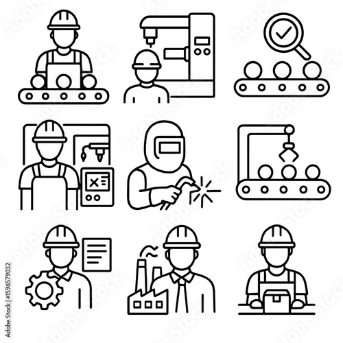 Industrial Job Icons. Line style icons of industrial and factory jobs: assembly line worker, machine operator, quality control
