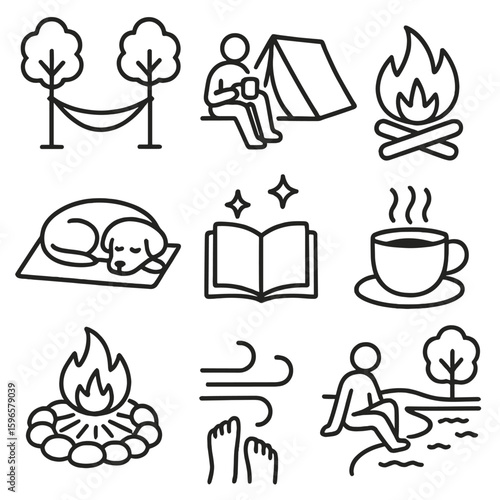 Campfire Relaxation Icons. Line style icons of relaxing at camp: hammock between trees, person with mug by tent, fire crackling