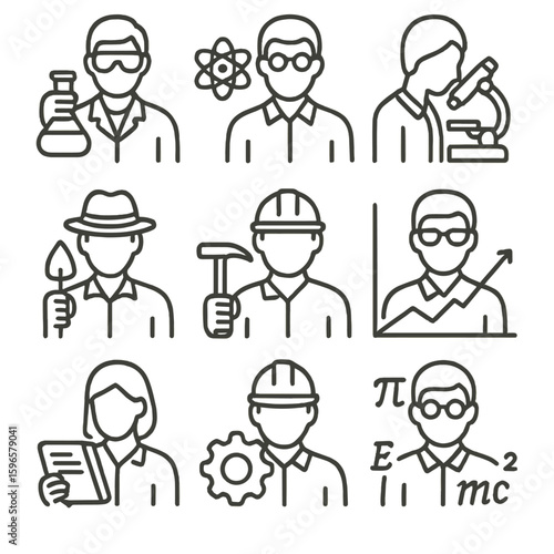 Scientific Roles Icons. Line style icons of scientific and research roles: chemist with flask, physicist with atom, biologist with