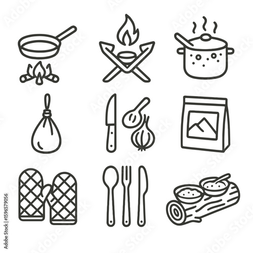 Backcountry Cooking Icons. Line style icons of backcountry cooking: small pan over fire, foldable stove with flame, ingredients