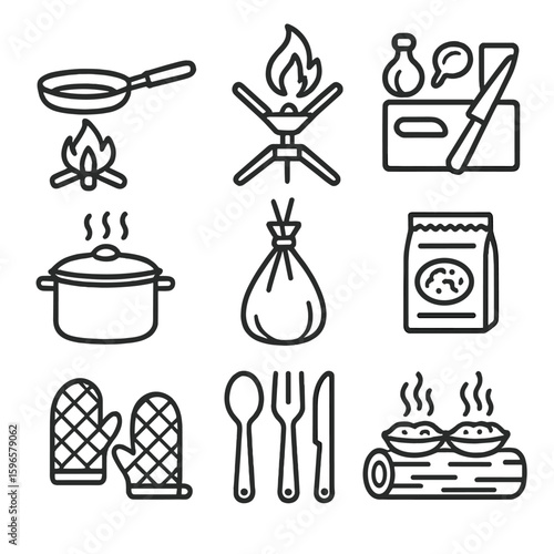 Backcountry Cooking Icons. Line style icons of backcountry cooking: small pan over fire, foldable stove with flame, ingredients